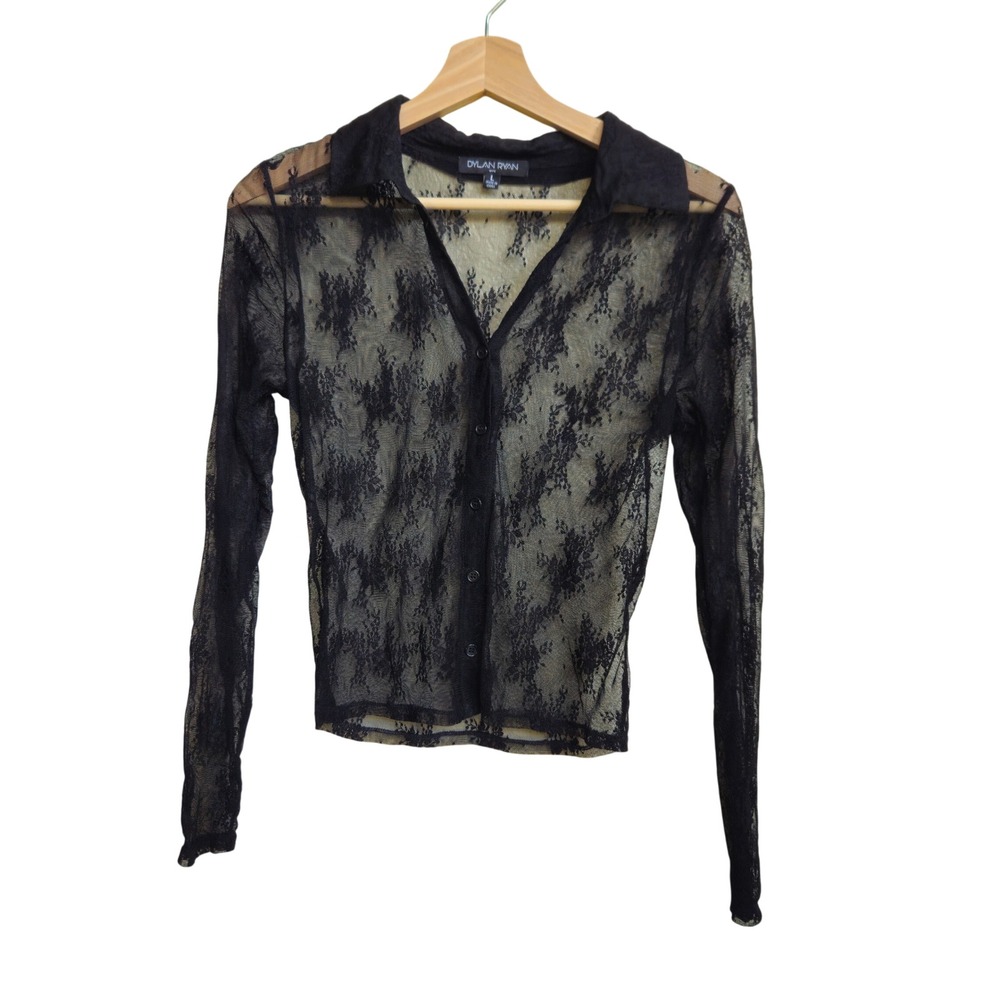 Black Sheer Dark Floral Lace Button Down Top Large Ethereal Whimsigoth Stretch